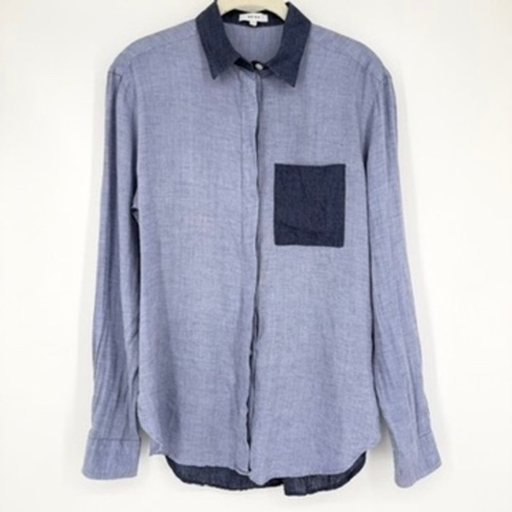 Reiss Lianna Linen Colorblock Button Down Shirt Blue Long Sleeve Lightweight 2 - Picture 2 of 16